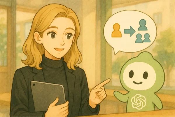 彩花が iPad を持って TeamGPTの概念を説明し、ChatGPTくんが吹き出しで“個人→チーム”の矢印を示している様子