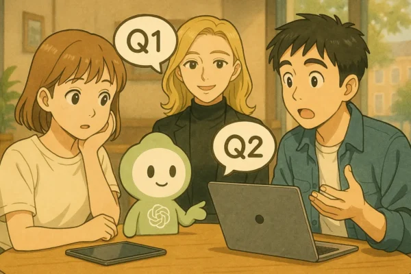 彩花・陽菜・ひろとがChatGPTくんに質問している構図。 吹き出しに「Q1 保存される?」「Q2 チャット共有は?」など。 背景をカフェに戻して軽い印象に。