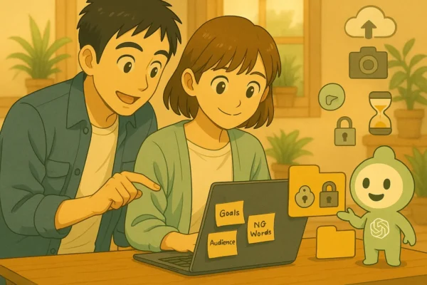 陽菜が社内広報の原稿を作成し、ひろとが背後でレビュー。画面の中では彩花が承認サインを送り、ChatGPTくんが期限付き共有フォルダを指し示している。