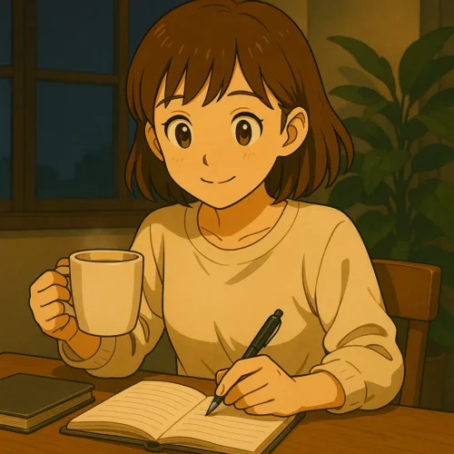 夜、陽菜がマグカップを片手にノートへペンを走らせる。窓の外は藍色、室内は柔らかな灯り。