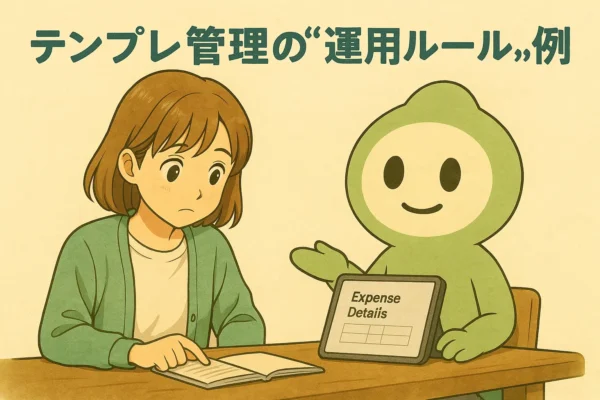 陽菜がノートでテンプレ管理ルールを指し示し、ChatGPTくんがタブレットで項目を表示しているイラスト