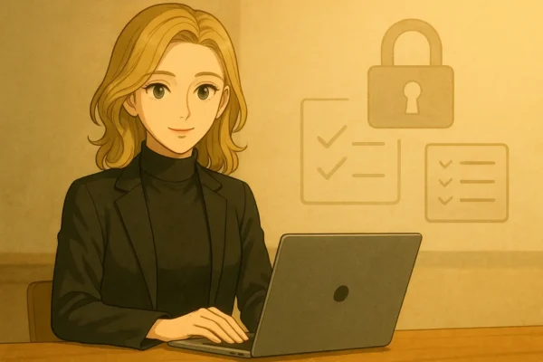 彩花がデータ管理とセキュリティ面の注意点を話している。