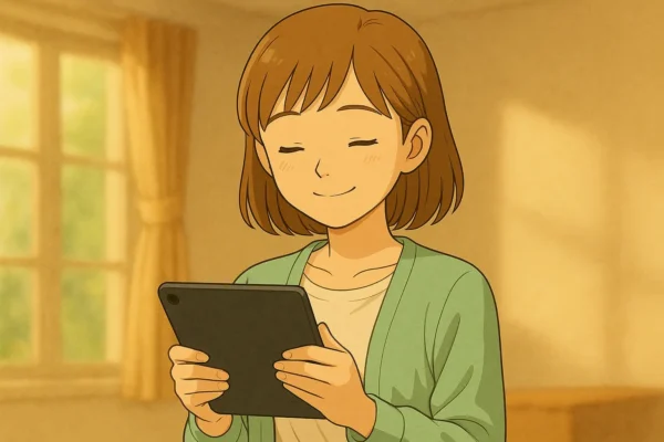 陽菜が iPad を手に持って軽く頷く  表情は “よし、これならできそう…” という前向きな安心感