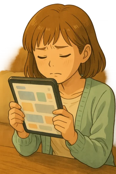 文字が小さくて読めない問題
　→ 陽菜が iPad をぐっと近づけて “んん…” とする場面