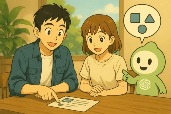 「陽菜とひろとがSNSカードの案をテーブルで検討し、ChatGPTくんが吹き出しでアイデアを示している」