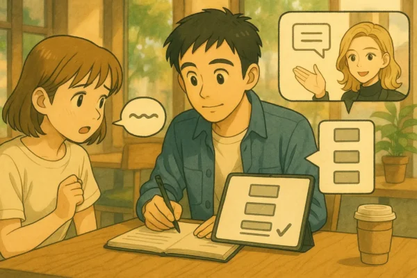 陽菜が悩みを話し、ひろとがメモ。右上の通話小窓で彩花がアドバイスしている。