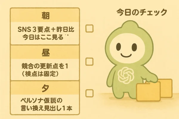 朝昼夕の縦3カードとChatGPTくんのチェックリスト（抽象UI、文字なしで運用はHTML管理）
