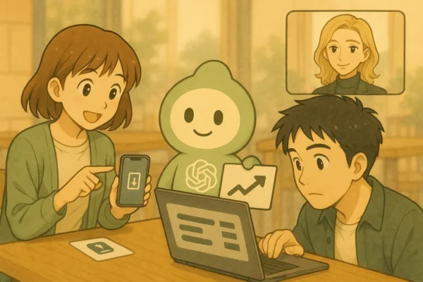 陽菜がSNSの保存アイコンを指差し、ひろとが比較表を整理している。通話小窓に彩花。