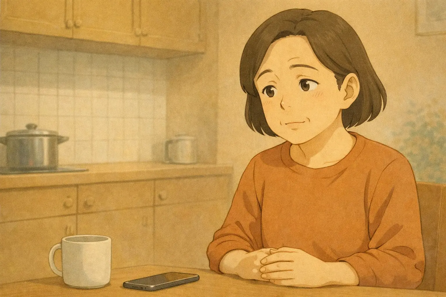 iPhone 7を前に、これからどうするかを静かに考える60代女性・明美さん