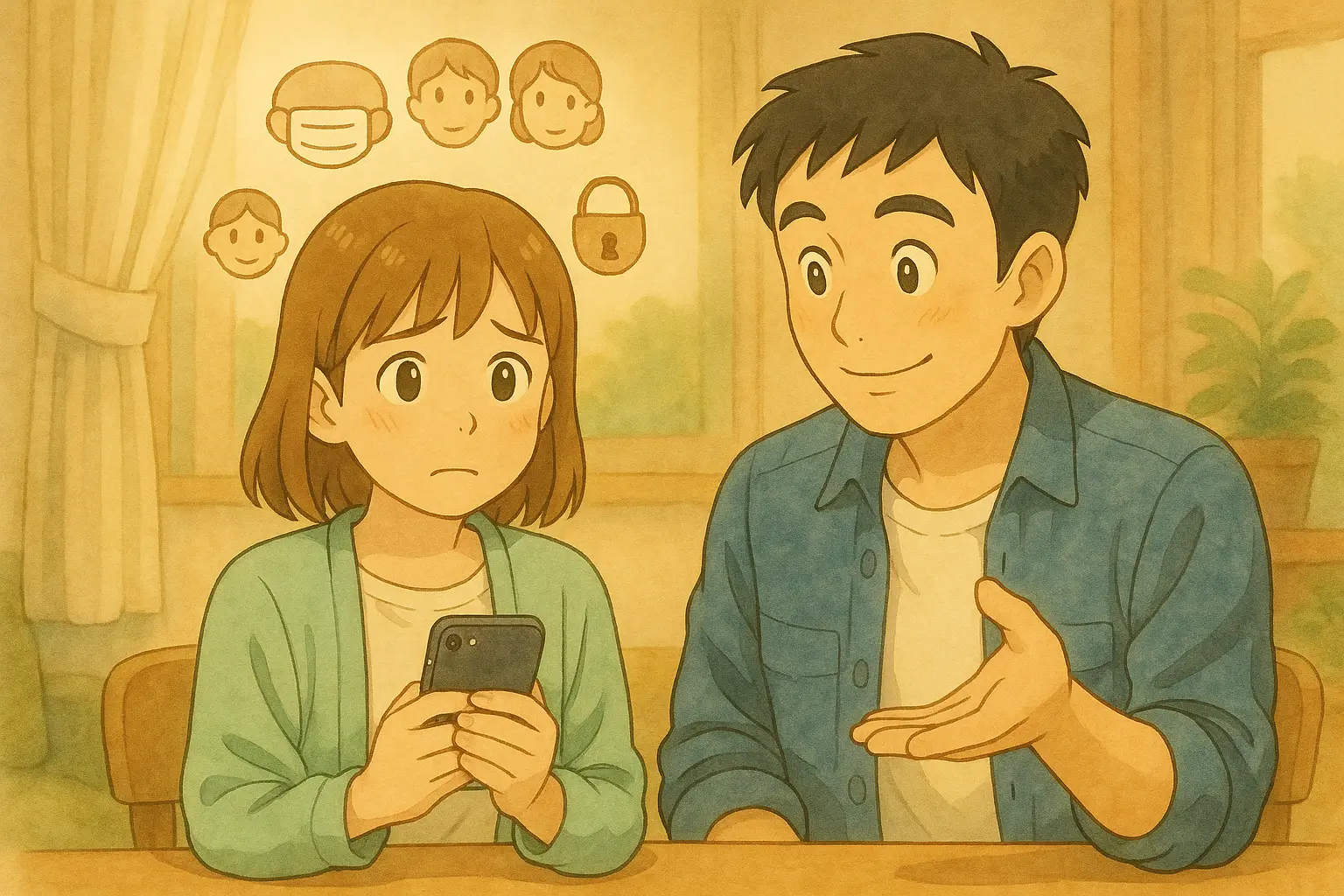 不安そうにiPhoneを持つ陽菜の横で、ひろとがやさしくQ&Aアイコンを指し示しながら説明している水彩タッチのイラスト。背景には、マスク・似た顔・プライバシー保護・パスコードを象徴する抽象アイコンがふわりと浮かんでいる。