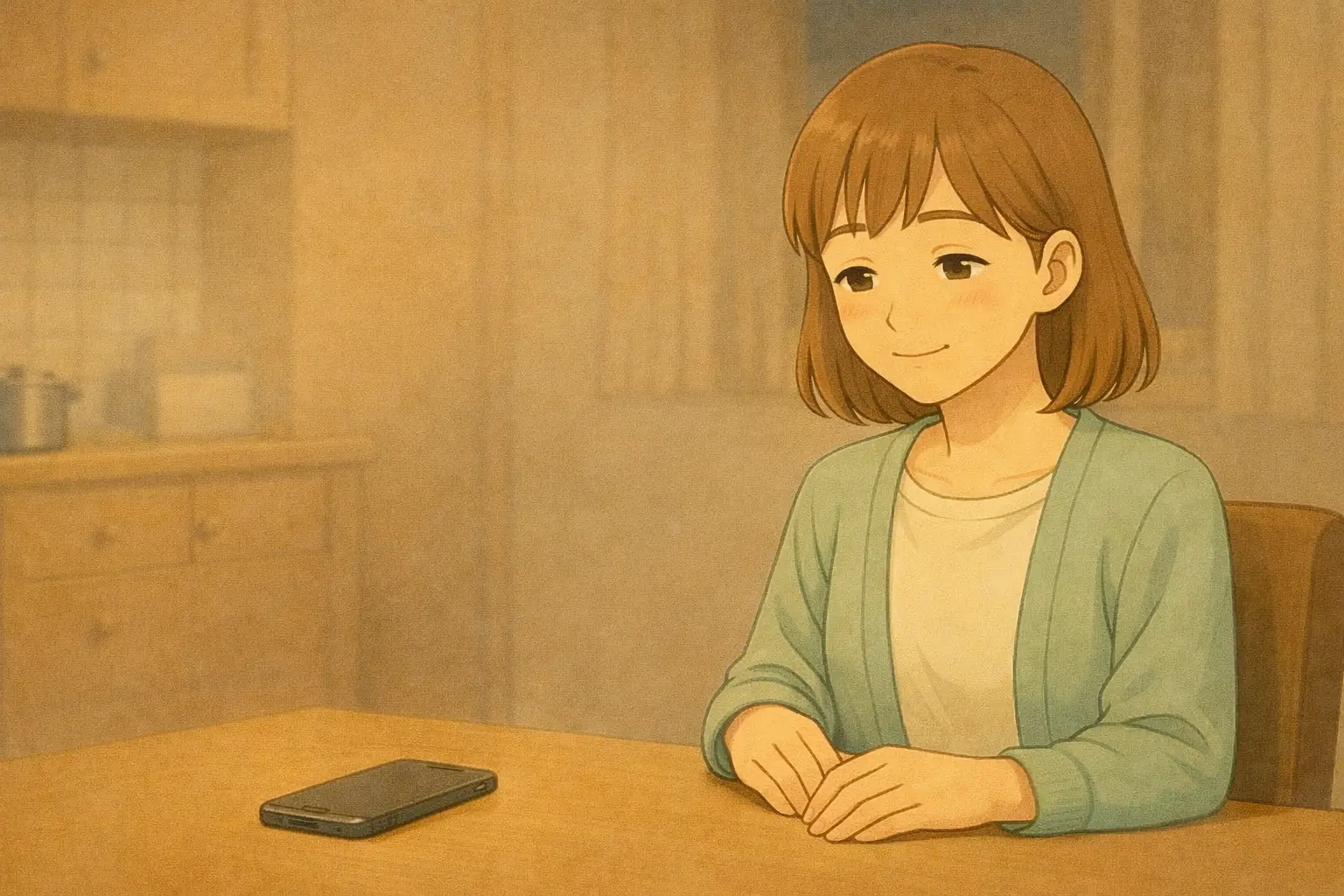  iPhone 7をテーブルに置き、少し安心した表情で一息つく陽菜