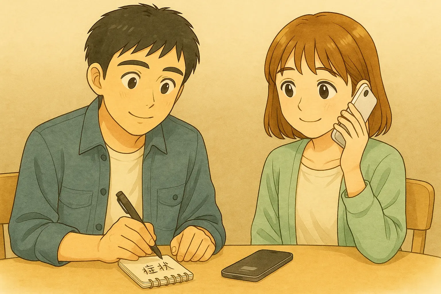修理相談の前にiPhoneの症状をメモしながら準備をするひろとと、少し安心した表情の陽菜のイラスト