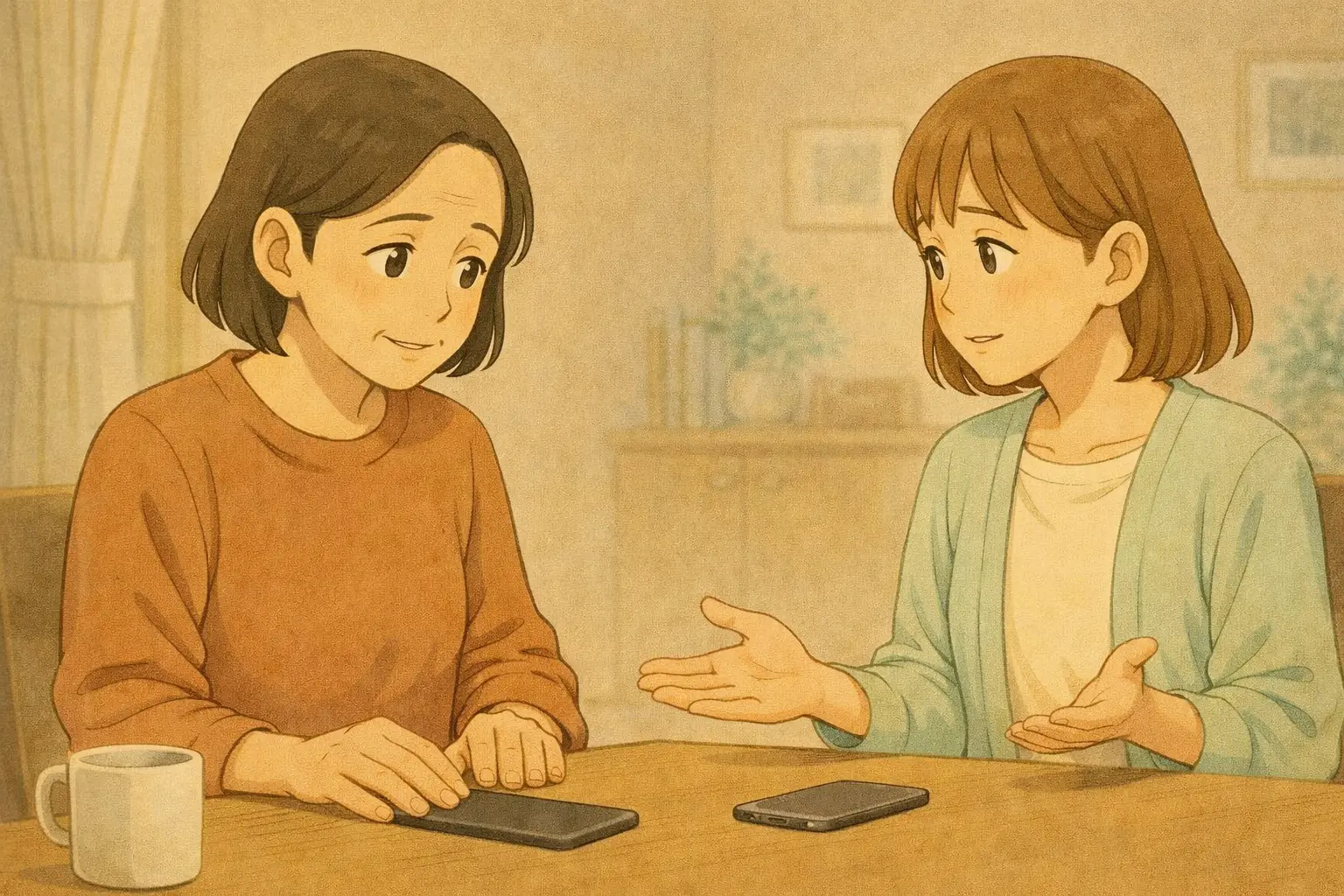 iPhone 7を机に置きながら、陽菜が明美さんに使い方を少し分ける考え方をやさしく伝えている様子