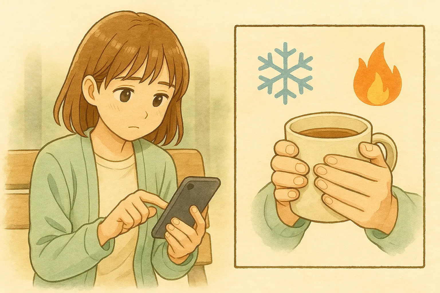冷えた指先ではタッチが反応しにくく、温めると改善するイメージを描いた水彩風イラスト