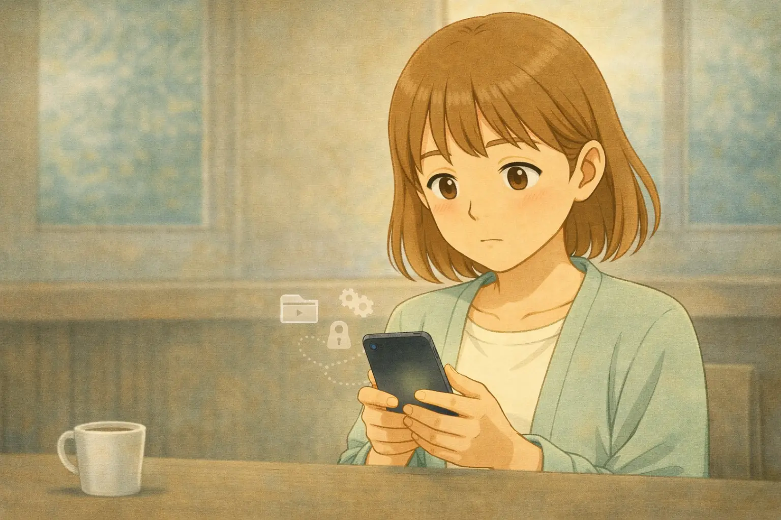 スマホの設定画面を見ながら、プロファイルの存在に気づき、少し緊張しつつも落ち着いて確認している陽菜