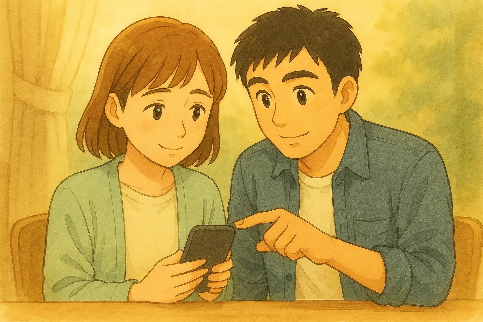 設定を一緒に確認しながら、落ち着いた表情でうなずく陽菜と、やさしく指し示すひろとのイラスト