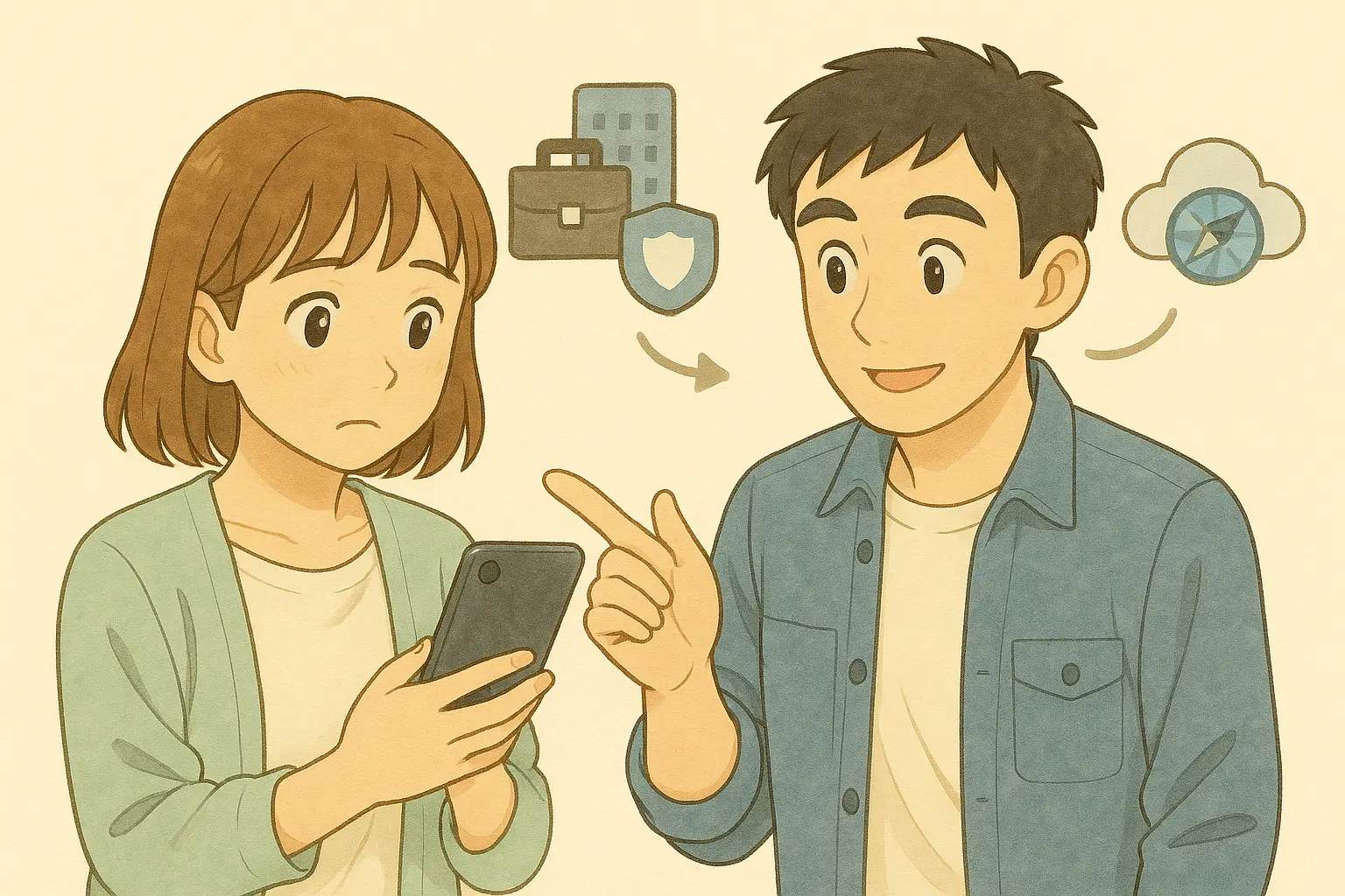 設定画面に表示されたVPNを見て戸惑う陽菜と、落ち着いて理由を説明するひろと