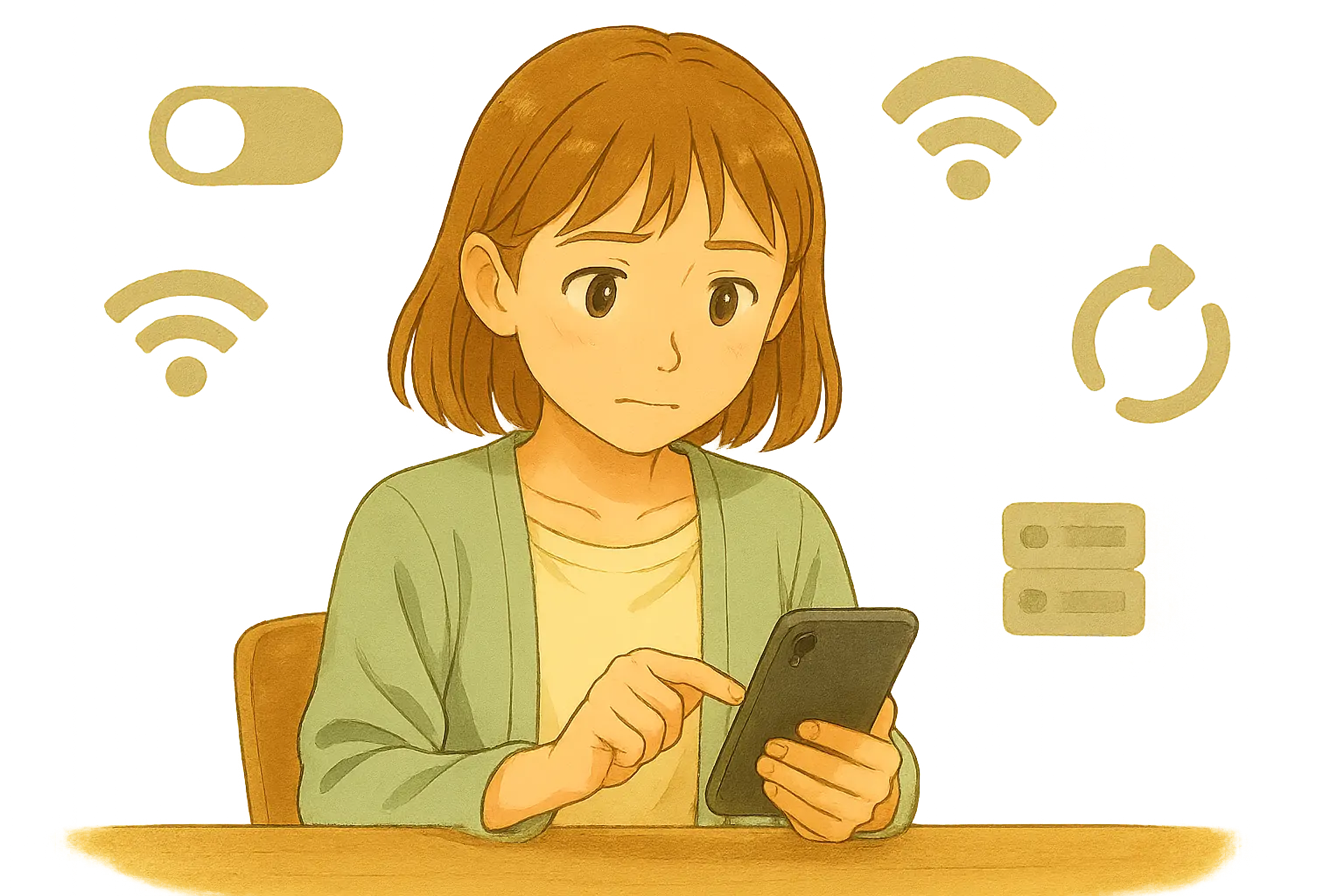 VPNが原因かもしれない通信トラブルを、落ち着いて確認する陽菜の様子