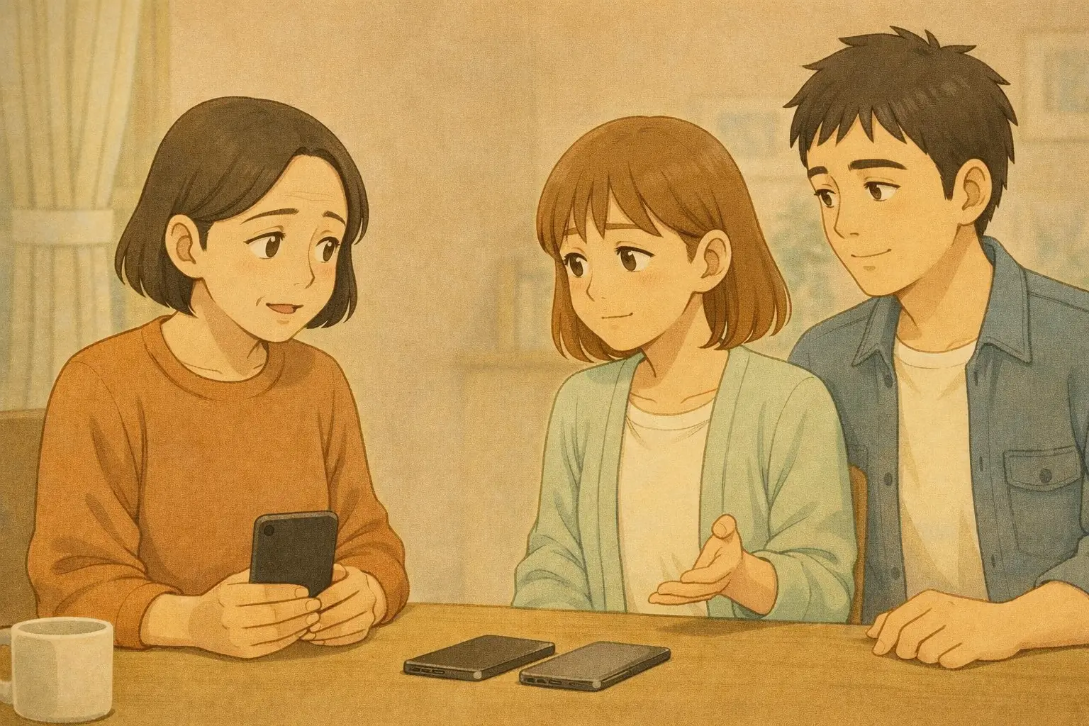 iPhone 7の使い続け方について、明美さんが不安を口にし、陽菜とひろとが静かに耳を傾けている様子