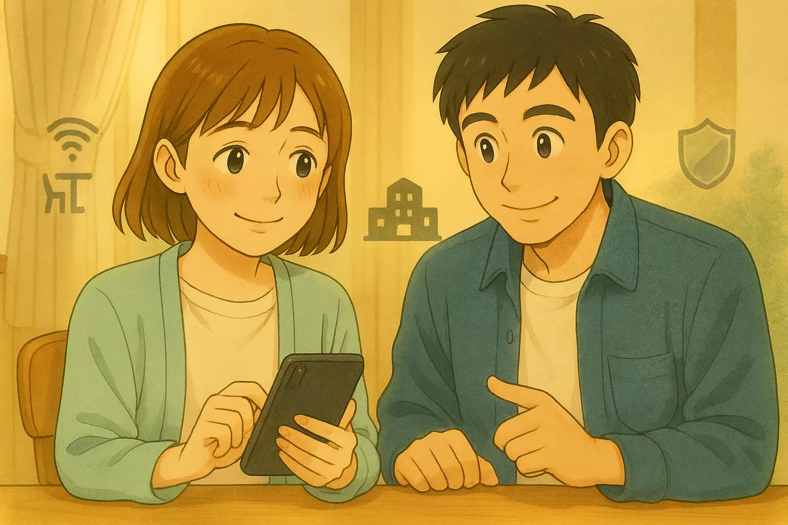 陽菜がiPhoneを手にしながら、隣のひろとと一緒に設定内容を確認しているイラスト。二人とも落ち着いた表情で、安心して話し合っている様子。