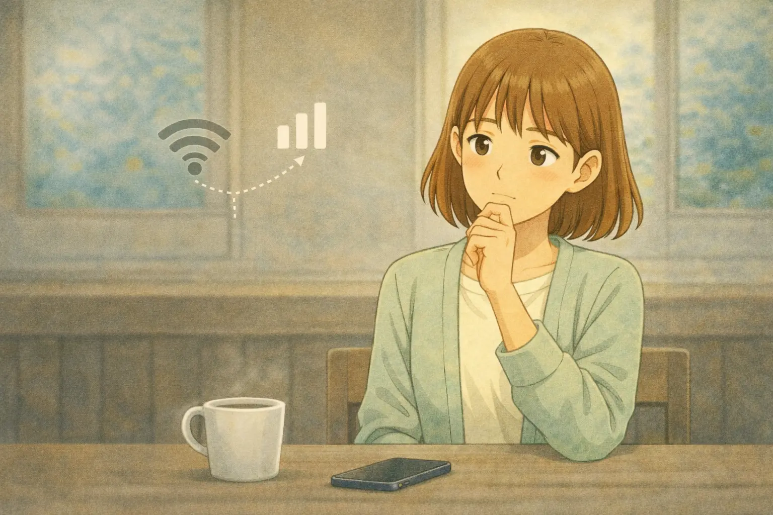 Wi-Fiとモバイル通信を切り替えて原因を考える陽菜。スマホを手元に置き、落ち着いて状況を整理している様子。