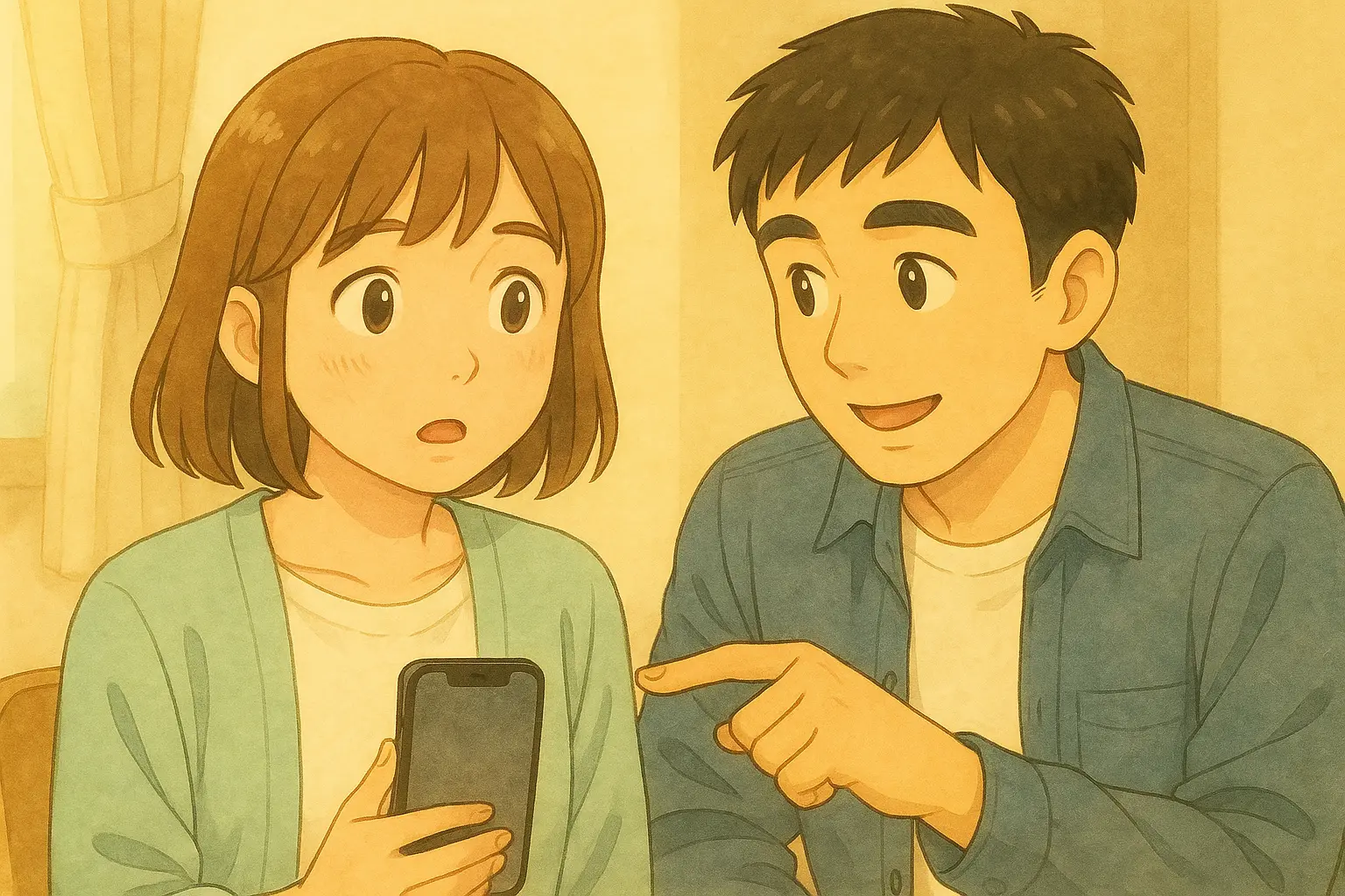 iPhoneの充電が想定と違う動きをして少し驚く陽菜と、落ち着いて状況を説明するひろとのイラスト