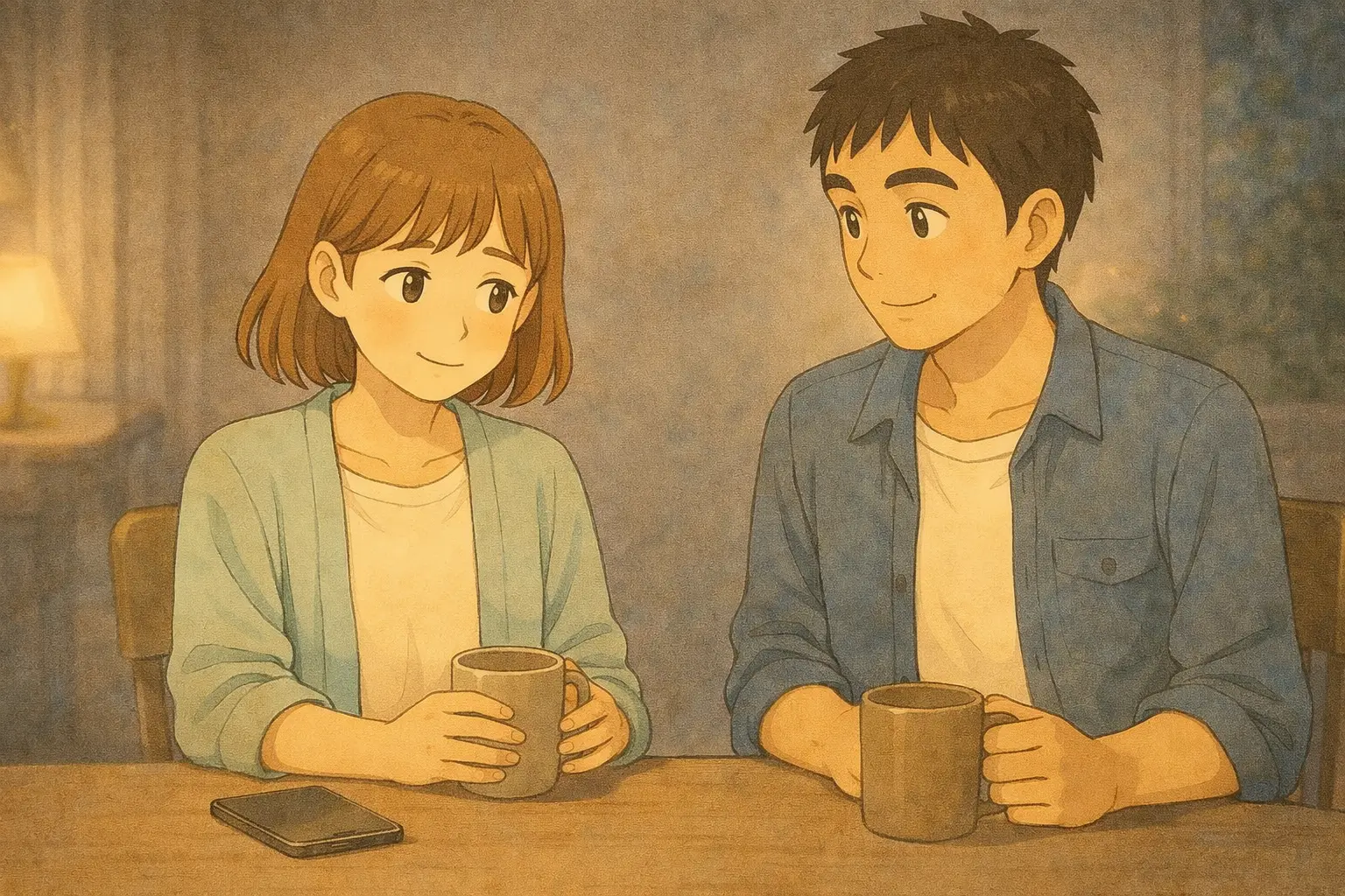 VPNを一度オフにして確認を終え、マグカップを手に静かに話す陽菜とひろと