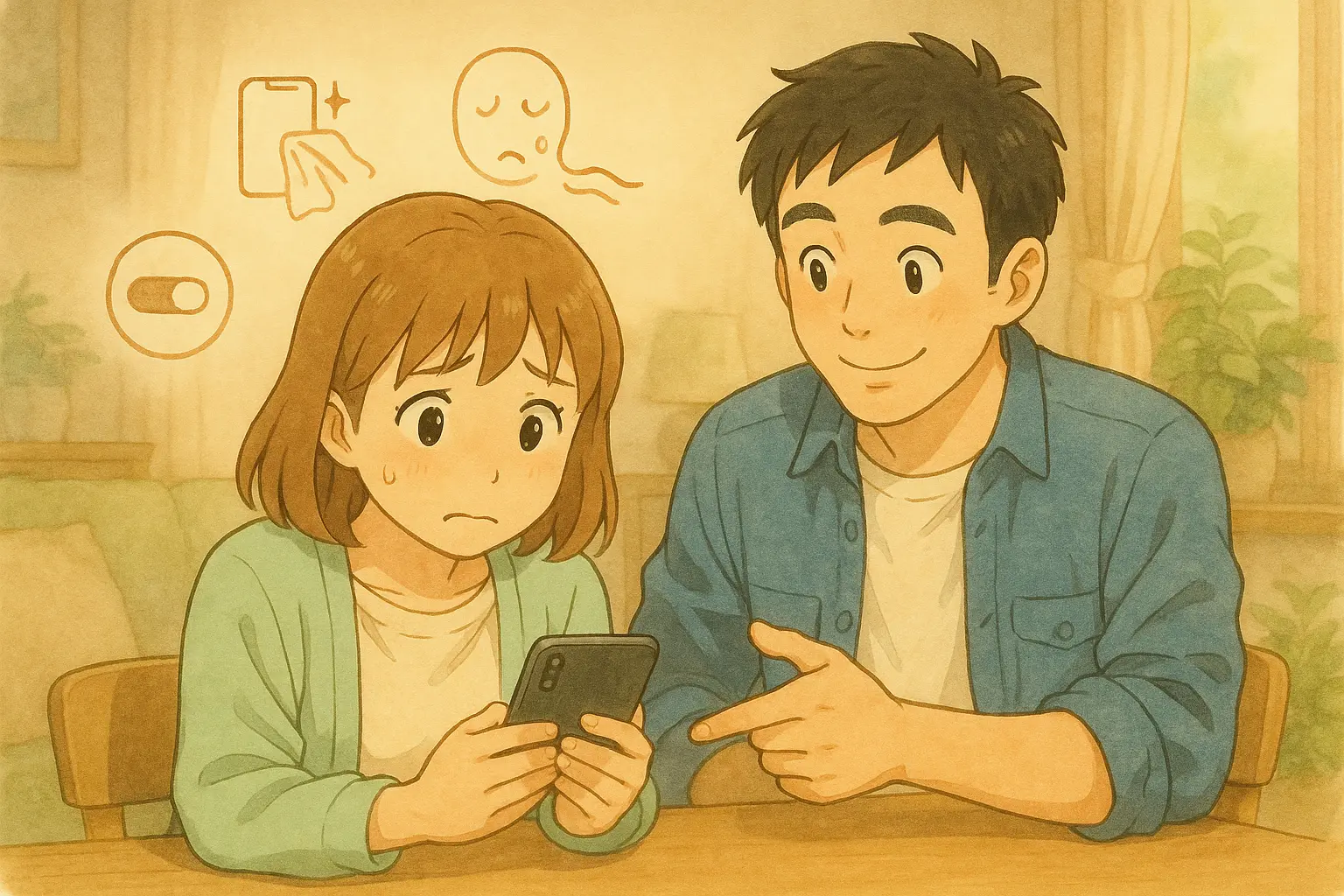 困った表情の陽菜がiPhoneを見つめ、隣でひろとが優しくチェックポイントを説明している水彩タッチのイラスト。背後にはセンサー掃除・肌コンディション・設定スイッチ・再登録を示す抽象アイコンがふんわり浮かんでいる。