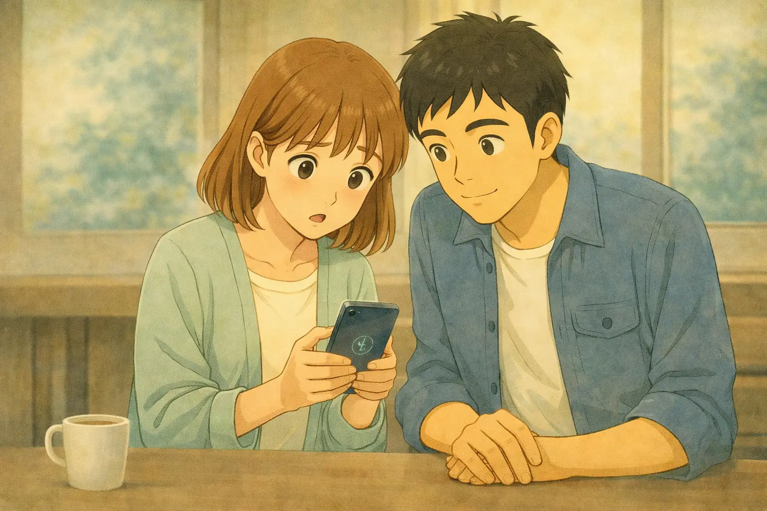 VPNの接続状態を確認するため、スマホ画面を一緒にのぞき込む陽菜とひろと