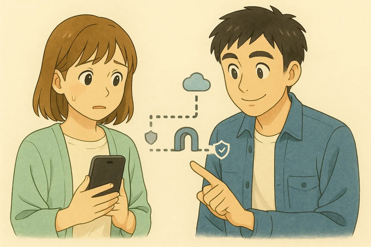 VPNの仕組みをひろとに教わりながら、iPhoneを見つめて考える陽菜のイラスト