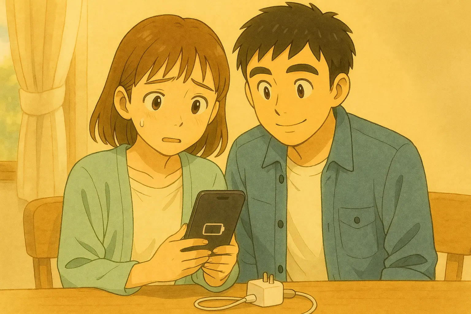 朝の部屋で、iPhoneの充電を確認しながら少し不安そうな陽菜と、そばで落ち着いて見守るひろと