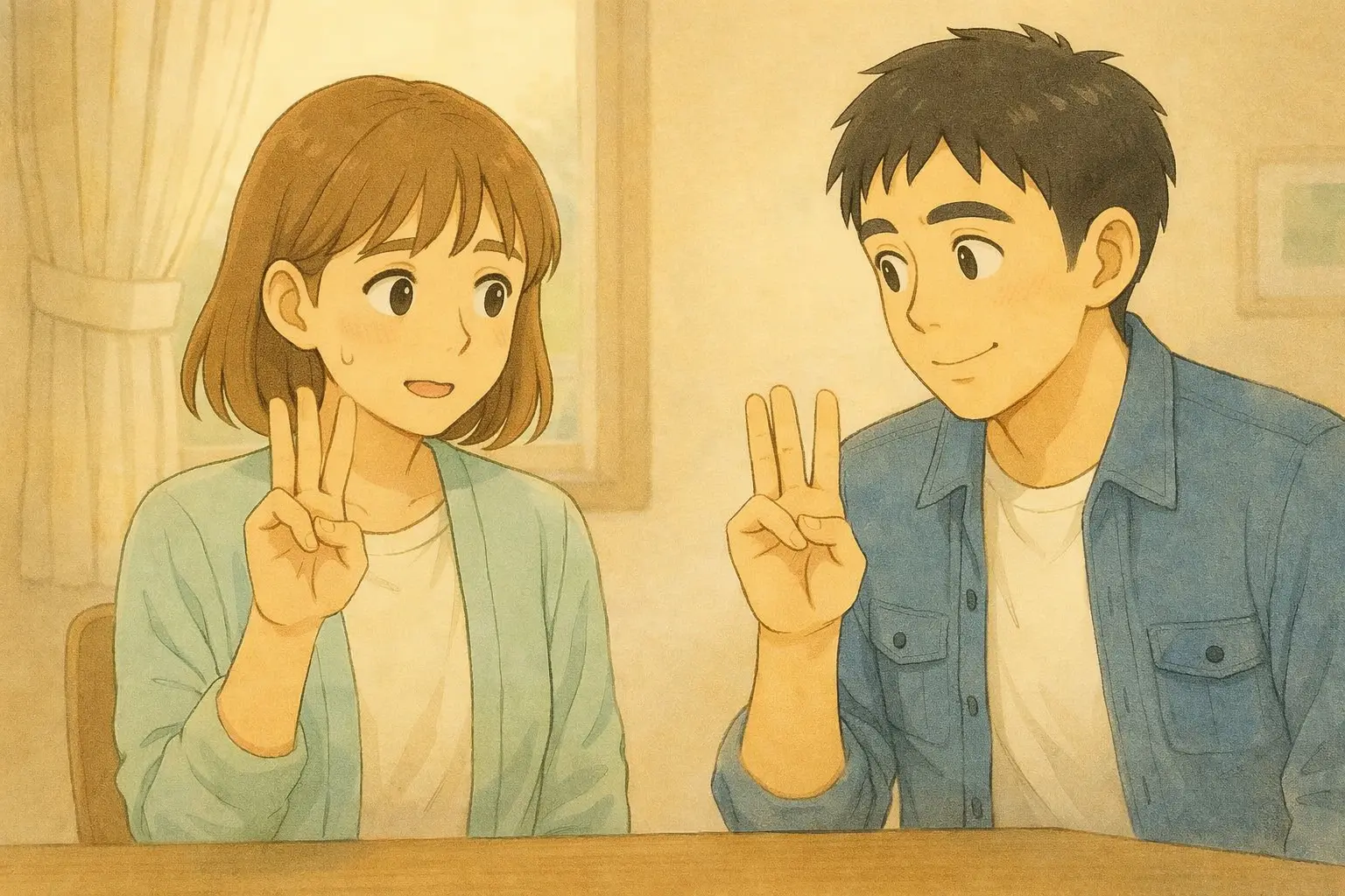 無料VPNを使うか迷いながら、陽菜とひろとが落ち着いた表情で一緒に確認ポイントを整理している様子