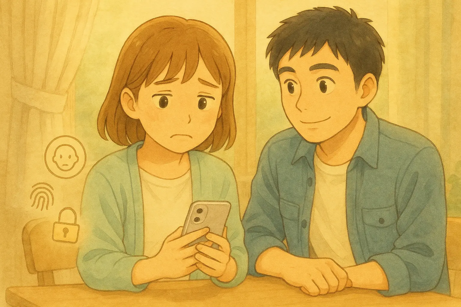 朝の柔らかい光の中、陽菜がiPhoneのロック解除に困っている様子を、ひろとが穏やかに見守りながらそばで支えているイラスト。テーブルにはFace IDや指紋の抽象アイコンがふんわりと浮かんでいる。