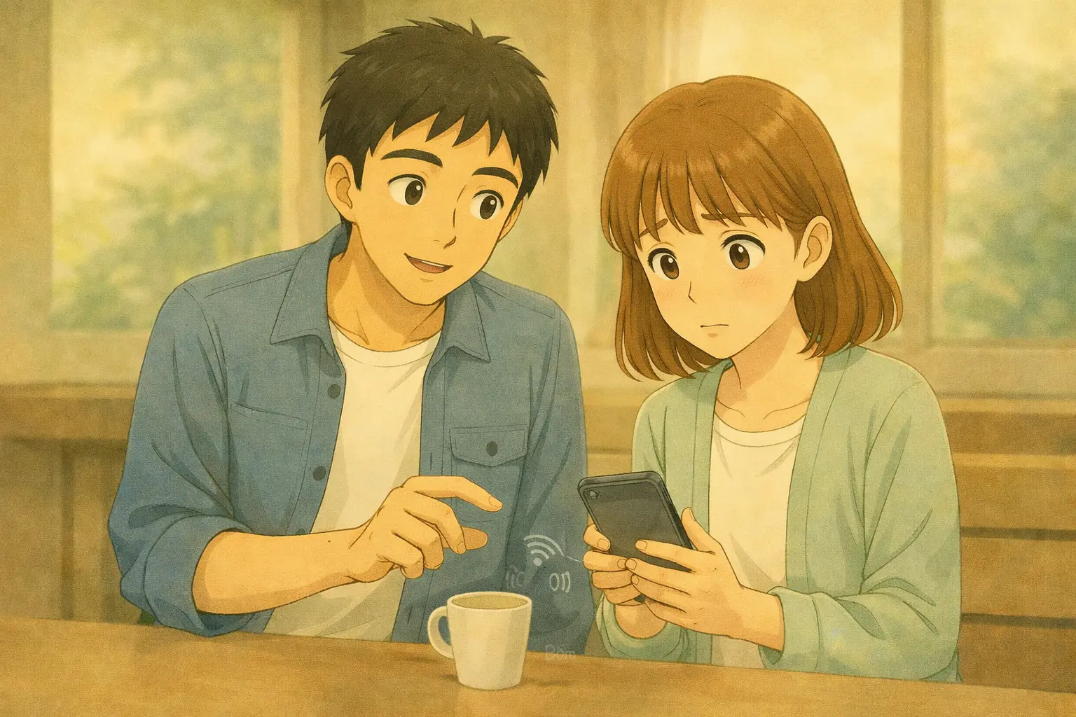 昼休みの室内で、スマホの通信トラブルに困る陽菜と、落ち着いて画面を一緒に確認するひろとの様子