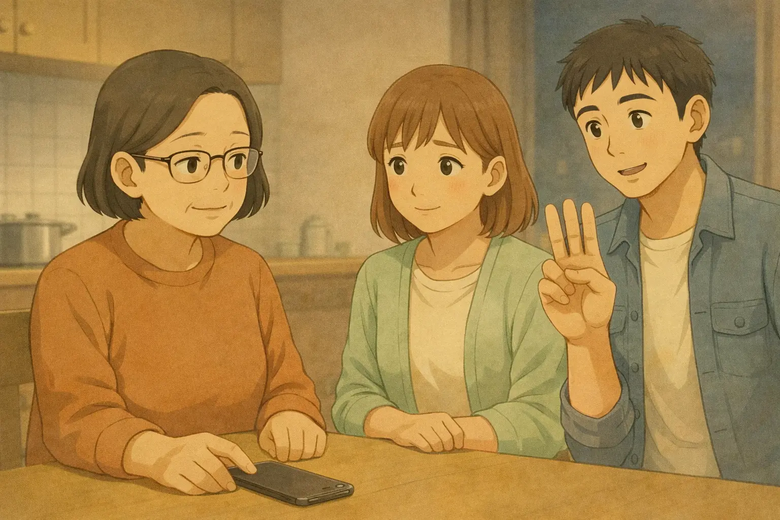 iPhone 7のサポート終了について、三つの確認ポイントを指で示しながら穏やかに説明するひろとと、話を聞く明美さんと陽菜