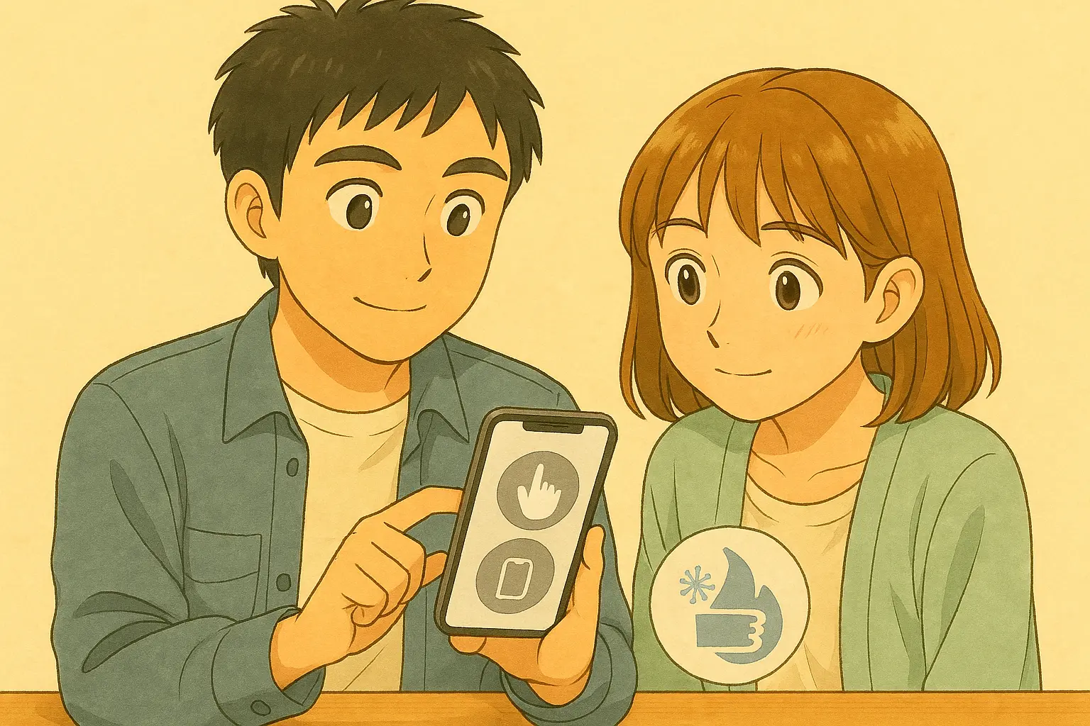 ロック画面まわりの設定をiPhoneで確認しているひろとと、それを覗き込む陽菜のイラスト