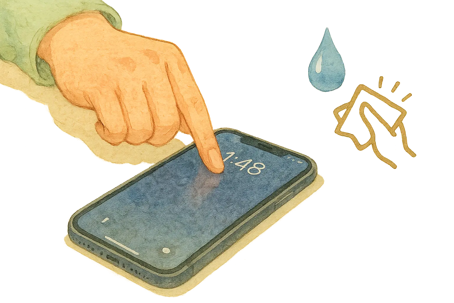 iPhoneの画面を布でやさしく拭いている様子を表した水彩風イラスト