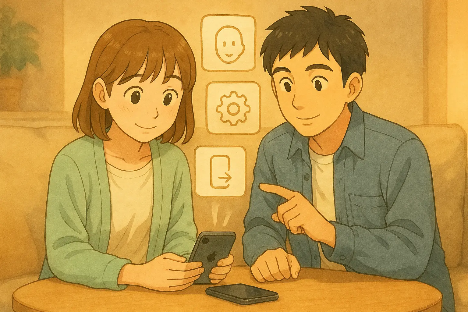 ロック画面のトラブルから、ロックの仕組み・Face ID・設定・買い替えなどの関連記事へ目を向ける陽菜とひろとを描いた水彩風イラスト