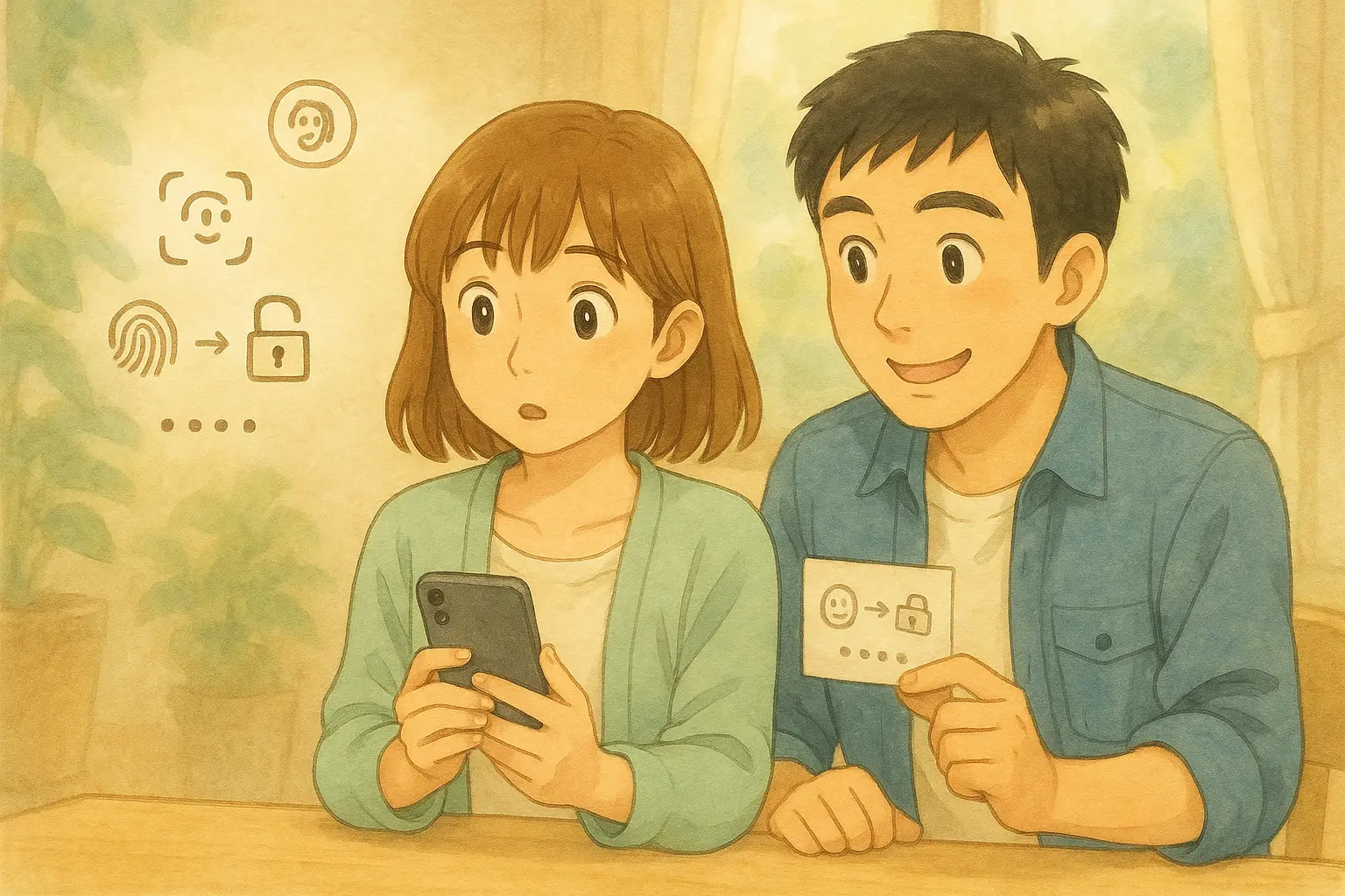 陽菜がiPhoneを手にしながら、Face IDや指紋・パスコードの抽象アイコンを見つめて仕組みを理解しはじめた様子。隣でひろとが優しく図を示しながら「こういう流れだよ」と説明している、水彩タッチのやわらかいイラスト。