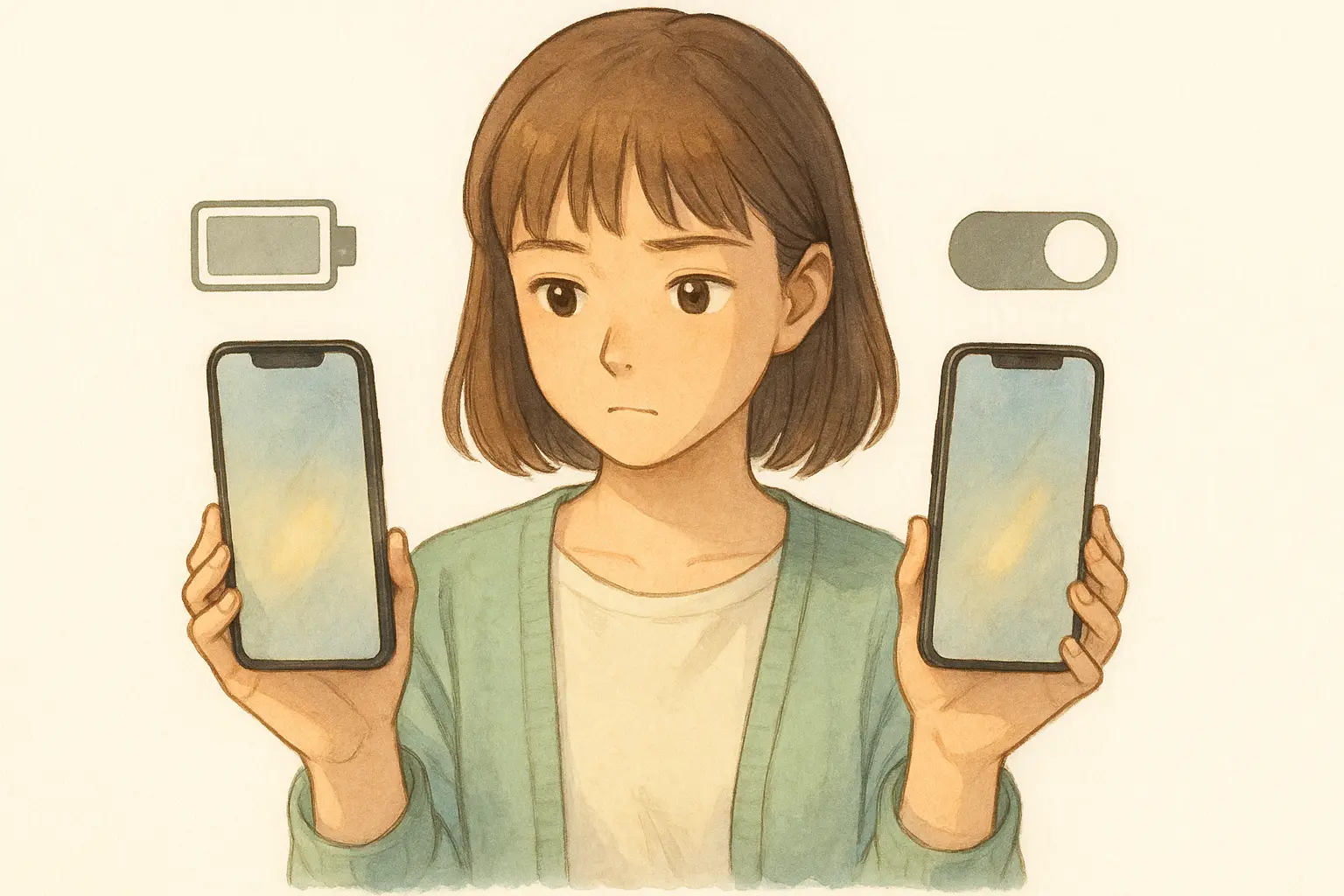 機種ごとの違いに戸惑いながら、2台のiPhoneを見比べる陽菜のイラスト