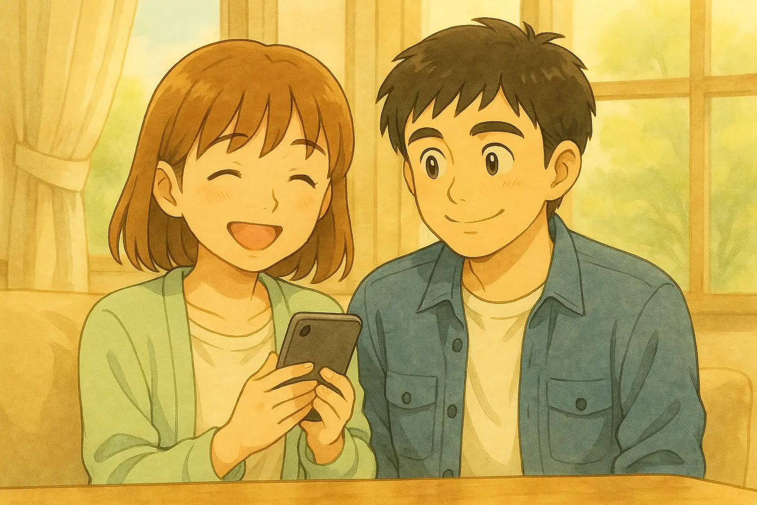 ロック画面のトラブルが解決し、安心した表情でiPhoneを持つ陽菜と、それを見守るひろとの水彩風イラスト