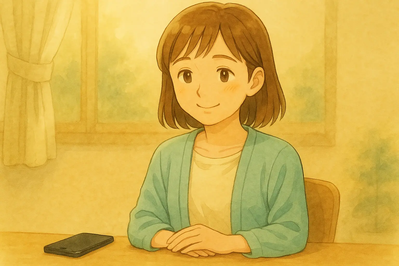 充電の挙動を確認して安心し、ほっとした表情で座る陽菜。テーブルのそばにはiPhoneが静かに置かれている。