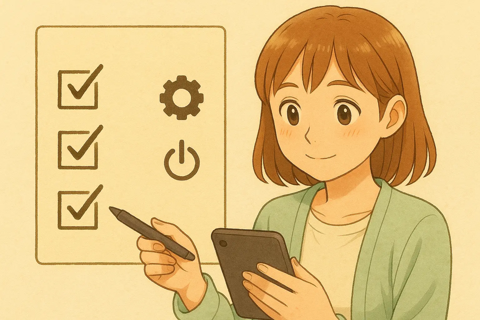 ロック画面トラブルを解決するための3つのステップをアイコンで並べたチェックリスト風イラスト