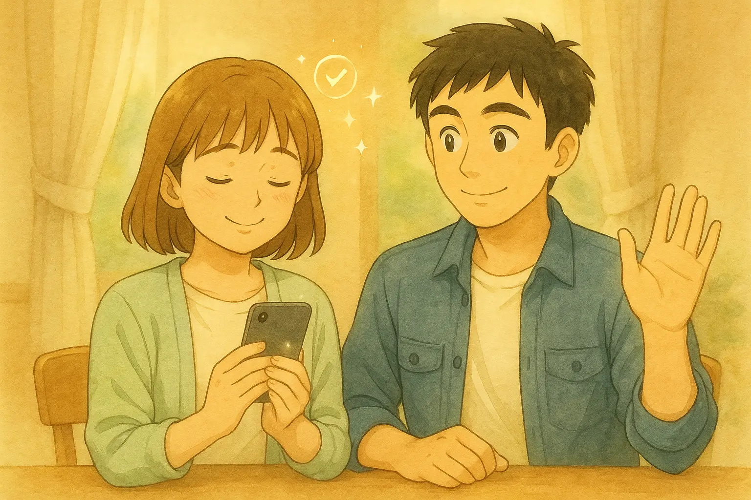 陽菜とひろとが並んで座り、朝のやわらかい光に包まれながら iPhone の設定がうまくいって安心している様子。陽菜は胸元でスマホをそっと持ち、ひろとは優しくうなずきながら見守っている。