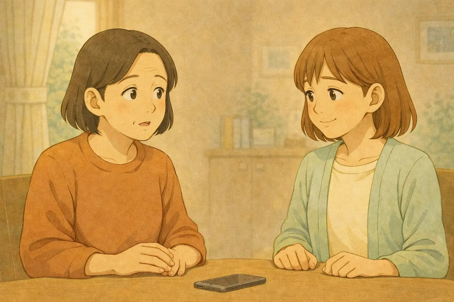 明美さんと陽菜がテーブルに置かれたiPhoneを前に、これから起きやすい変化について落ち着いて話している様子