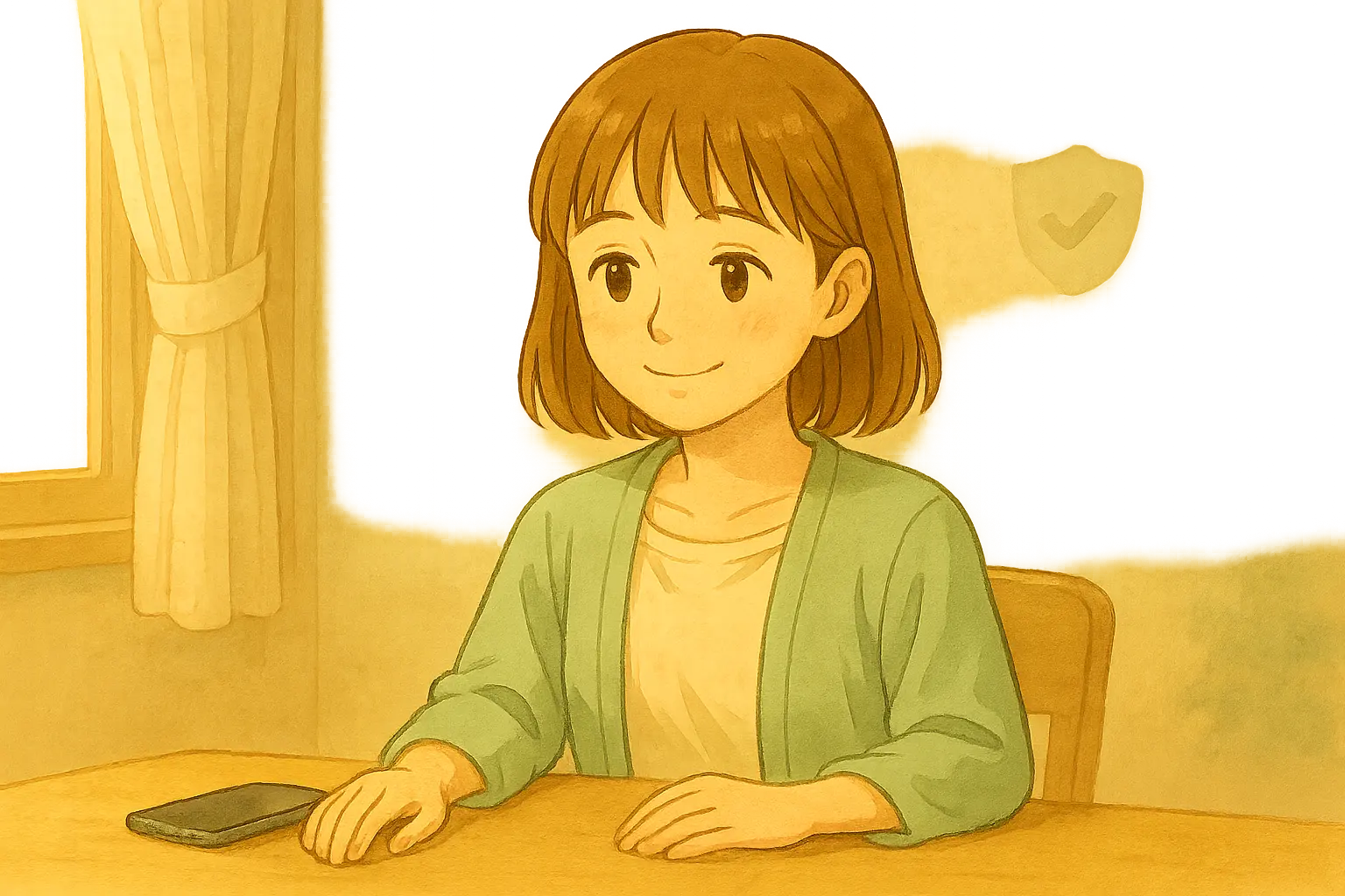 ほっとした表情でテーブルに座り、iPhoneをそばに置いて落ち着いた気持ちになっている陽菜のイラスト