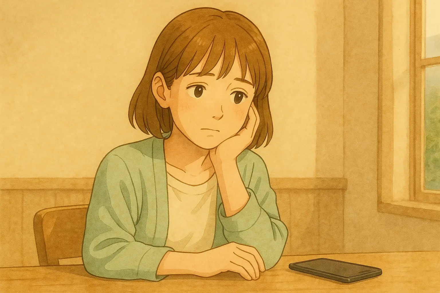 ミント色のカーディガンを着た陽菜が、テーブルで少し考え込むように落ち着いた表情をしている。そばにiPhoneが置かれ、部屋はやわらかな暖色の光に包まれている。