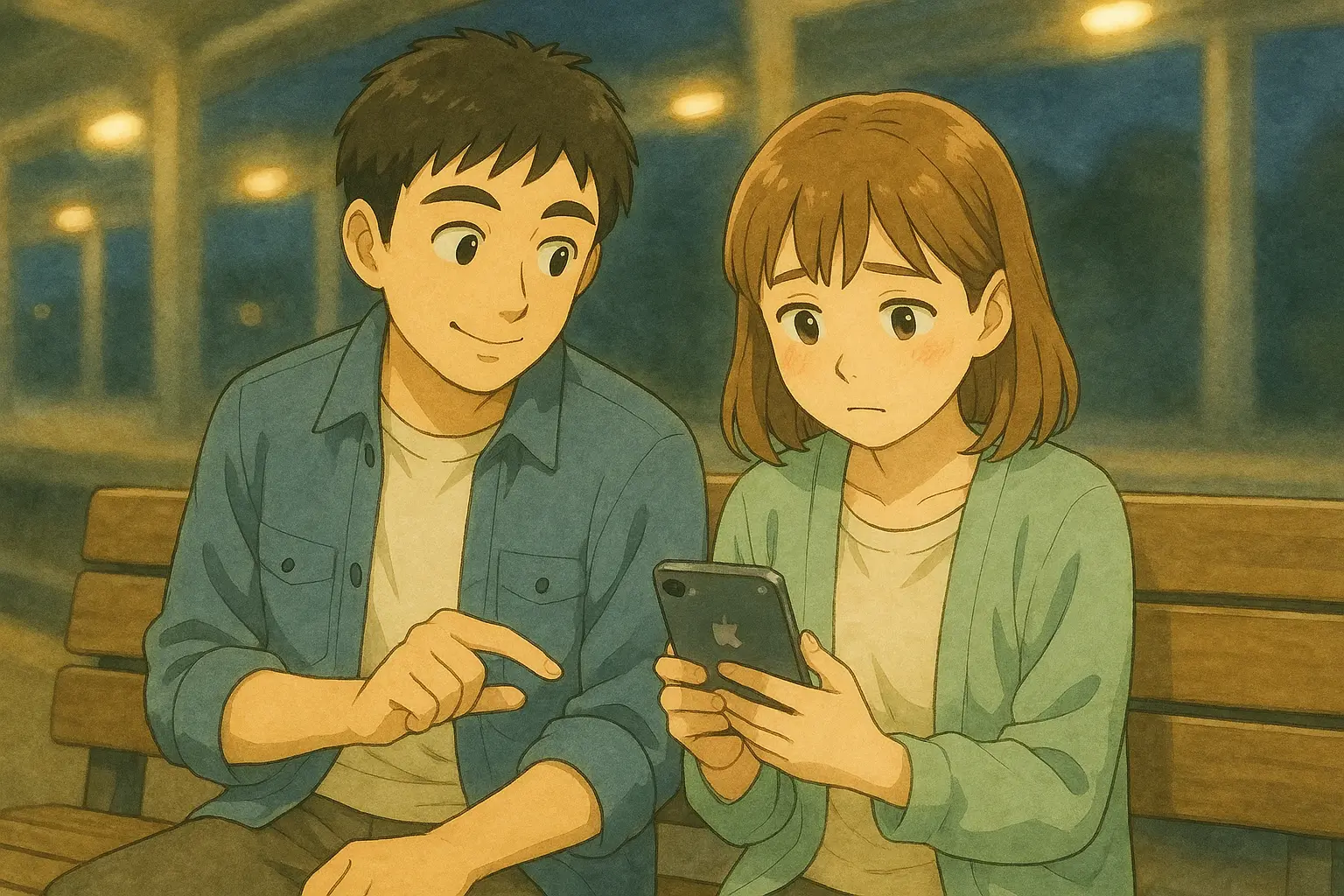 ロック画面が動かず困っている陽菜と、原因を一緒に確認するひろとの水彩風イラスト