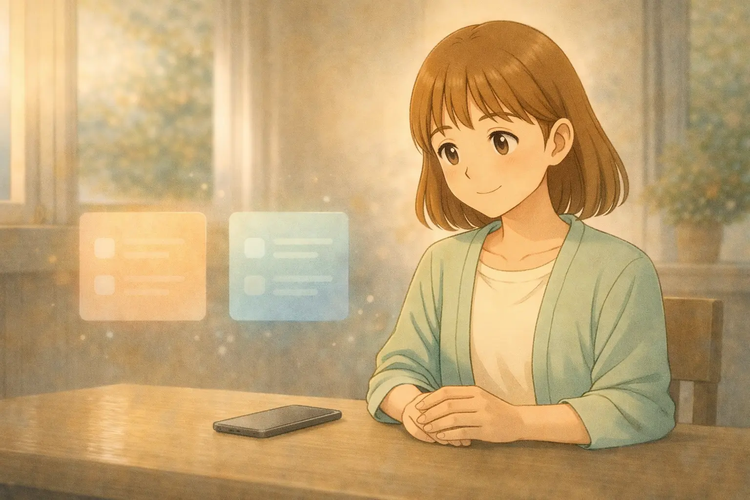 判断表を前に、落ち着いた表情で考えを整理する陽菜