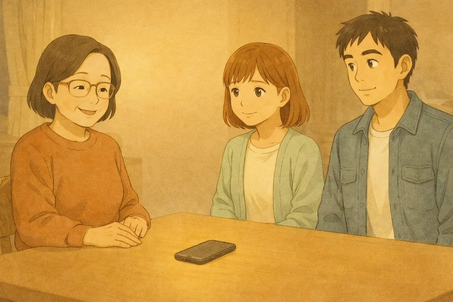  iPhone 7をテーブルに置いて一息つきながら、端末の状態を見守る明美さんと、少し安心した表情の陽菜、落ち着いて寄り添うひろと